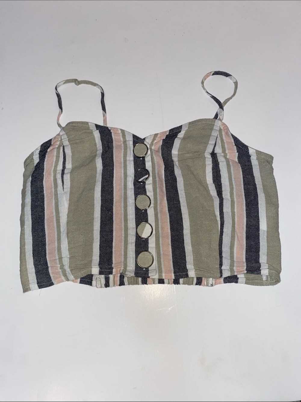 Express Striped Button-Front Cropped Cami in Olive, Black, Cream & Blush